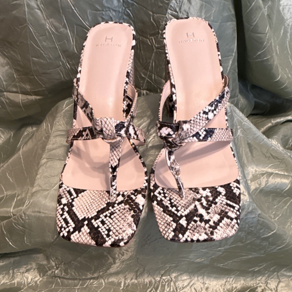 Halston Strappy Snake Print Block Heel Women's Sandals Black White US10